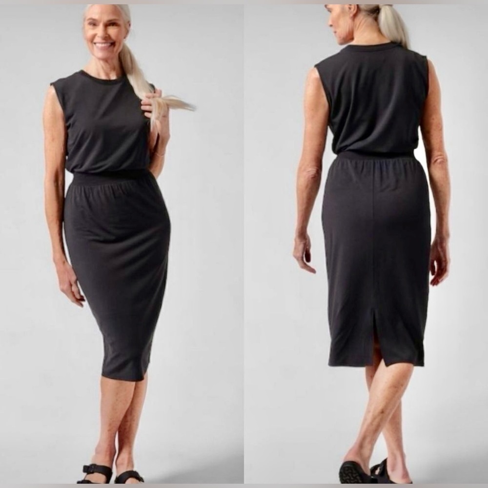 Athleta Santorini Cinch Blouson Round Neck Dress Black Midi Women’s Size XS - Picture 2 of 8
